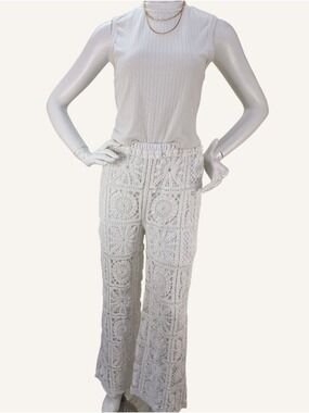POL Noa Crochet Pants Cloud White Wide Leg Boho Resort Cover Up OS NWT